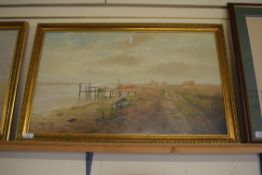 JOHN G MACE, OLD HARBOUR, WALBERSWICK, OIL ON BOARD, GILT FRAMED, 82CM WIDE