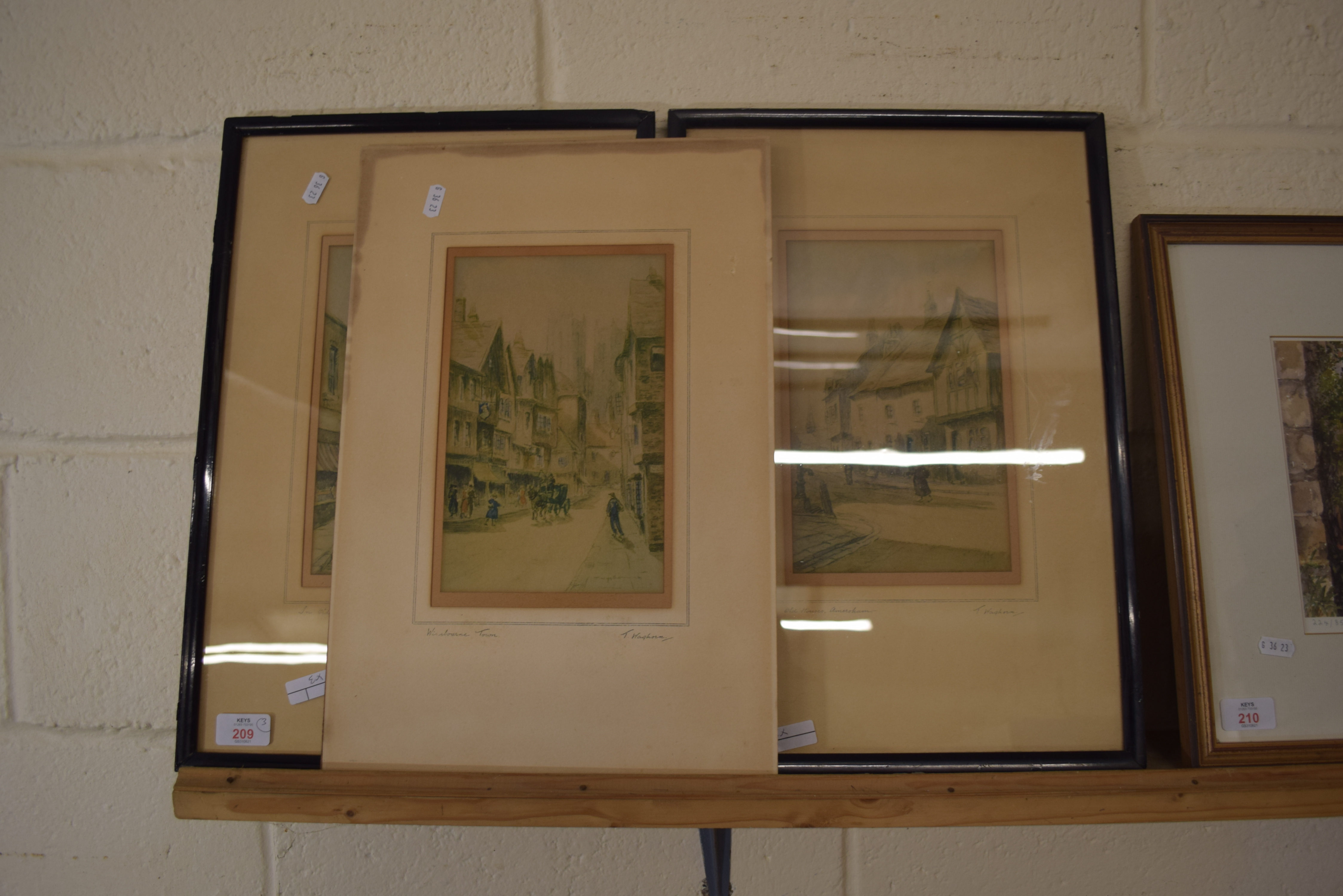 AFTER T WAGHORN, THREE COLOURED PRINTS, OLD HOUSES AMERSHAM AND IN OLD CANTERBURY, FRAMED AND GLAZED