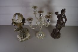 SILVER PLATED CANDELABRA TOGETHER WITH A BRONZED SPELTER FIGURE (A/F) AND A MODERN MANTEL CLOCK, THE