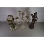 SILVER PLATED CANDELABRA TOGETHER WITH A BRONZED SPELTER FIGURE (A/F) AND A MODERN MANTEL CLOCK, THE