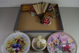 BOX OF MODERN FANS, COLLECTORS PLATES, PORCELAIN MODEL ROSES ETC