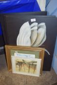 MIXED LOT COMPRISING THREE MODERN OIL ON CANVAS STUDIES OF TULIPS PLUS FRAMED PRINT "SUFFOLK