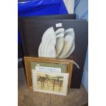 MIXED LOT COMPRISING THREE MODERN OIL ON CANVAS STUDIES OF TULIPS PLUS FRAMED PRINT "SUFFOLK