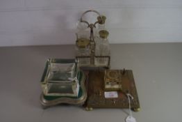 SILVER PLATED CRUET SET TOGETHER WITH A BRASS AND COPPER INK STAND PLUS A FURTHER INK STAND WITH