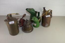 MIXED LOT OF OIL CANS, DESK STAMP AND AN OIL LAMP, AND SOME SPRAYERS