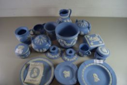 COLLECTION OF BLUE WEDGWOOD JASPERWARES TO INCLUDE JARDINIERES, CANDLESTICKS, TRINKET BOXES, JUGS,