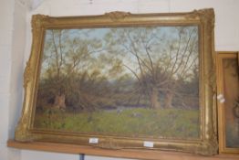 JAMES WRIGHT, STUDY OF OTTERS BY RIVERSIDE, OIL ON CANVAS, GILT FRAMED, 87CM WIDE