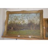 JAMES WRIGHT, STUDY OF OTTERS BY RIVERSIDE, OIL ON CANVAS, GILT FRAMED, 87CM WIDE