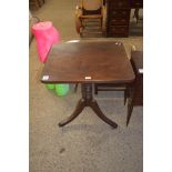 19TH CENTURY MAHOGANY PEDESTAL TABLE, RECTANGULAR TOP OVER A TURNED COLUMN AND TRIPOD BASE WITH