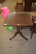 19TH CENTURY MAHOGANY PEDESTAL TABLE, RECTANGULAR TOP OVER A TURNED COLUMN AND TRIPOD BASE WITH