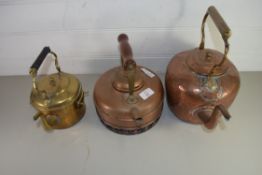 TWO VINTAGE COPPER KETTLES AND A BRASS KETTLE