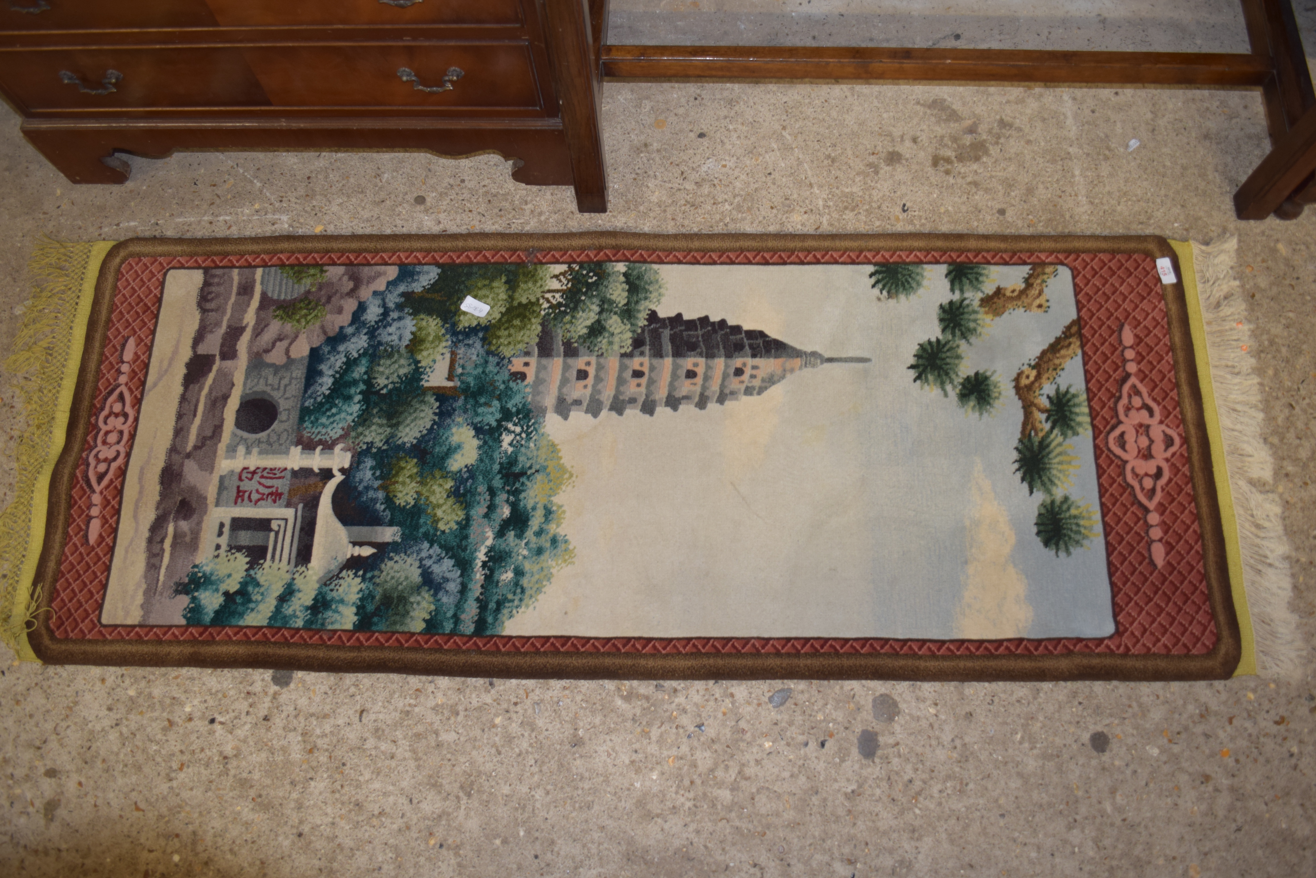 MODERN CHINESE WOOL FLOOR RUG DECORATED WITH A PAGODA AND PALACE SCENE, 160CM LONG