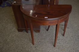 19TH CENTURY MAHOGANY DEMI-LUNE FOLDING TEA TABLE RAISED ON TAPERING LEGS WITH INLAID DETAIL, 92CM