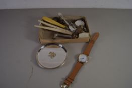 MIXED LOT COMPRISING NOVELTY SPOONS, GENTS WRIST WATCH, TOFFEE HAMMER, SILVER PLATED DISHES ETC