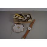 MIXED LOT COMPRISING NOVELTY SPOONS, GENTS WRIST WATCH, TOFFEE HAMMER, SILVER PLATED DISHES ETC