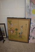 20TH CENTURY ORIENTAL THREE-FOLD SCREEN DECORATED WITH FIGURES