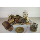 TRAY OF MIXED ITEMS TO INCLUDE DOME TOPPED ANNIVERSARY CLOCK, VARIOUS BRASS AND COPPER WARES,