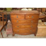 VICTORIAN MAHOGANY BOW FRONT CHEST OF TWO SHORT OVER THREE LONG DRAWERS RAISED ON BRACKET FEET, 99