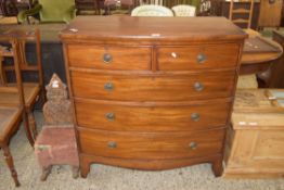 VICTORIAN MAHOGANY BOW FRONT CHEST OF TWO SHORT OVER THREE LONG DRAWERS RAISED ON BRACKET FEET, 99