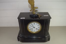 VICTORIAN BLACK SLATE MANTEL CLOCK, THE CASE WITH A LATER EAGLE MOUNT