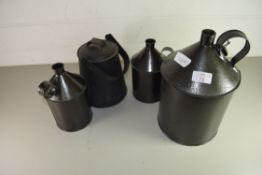 THREE VINTAGE OIL CANS AND A FURTHER IRON COVERED MILK CARRIER
