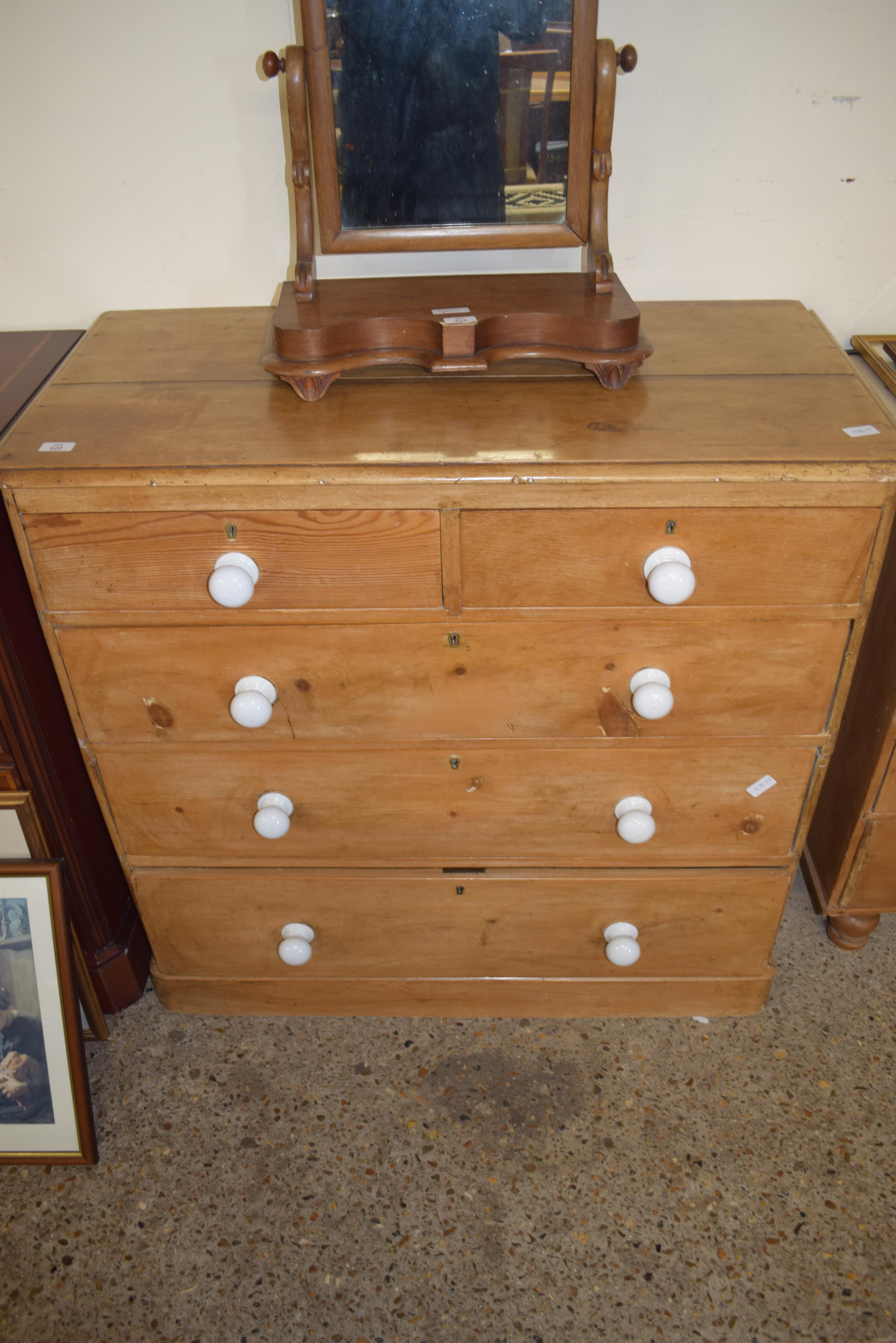 VICTORIAN PINE CHEST OF TWO SHORT OVER THREE LONG DRAWERS FITTED WITH WHITE CERAMIC HANDLES, 104CM - Image 2 of 2