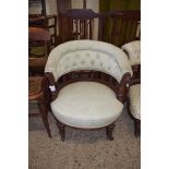 LATE 19TH CENTURY BOW BACK ARMCHAIR WITH BUTTONED PALE FLORAL UPHOLSTERY, 60CM WIDE