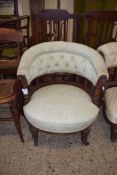 LATE 19TH CENTURY BOW BACK ARMCHAIR WITH BUTTONED PALE FLORAL UPHOLSTERY, 60CM WIDE