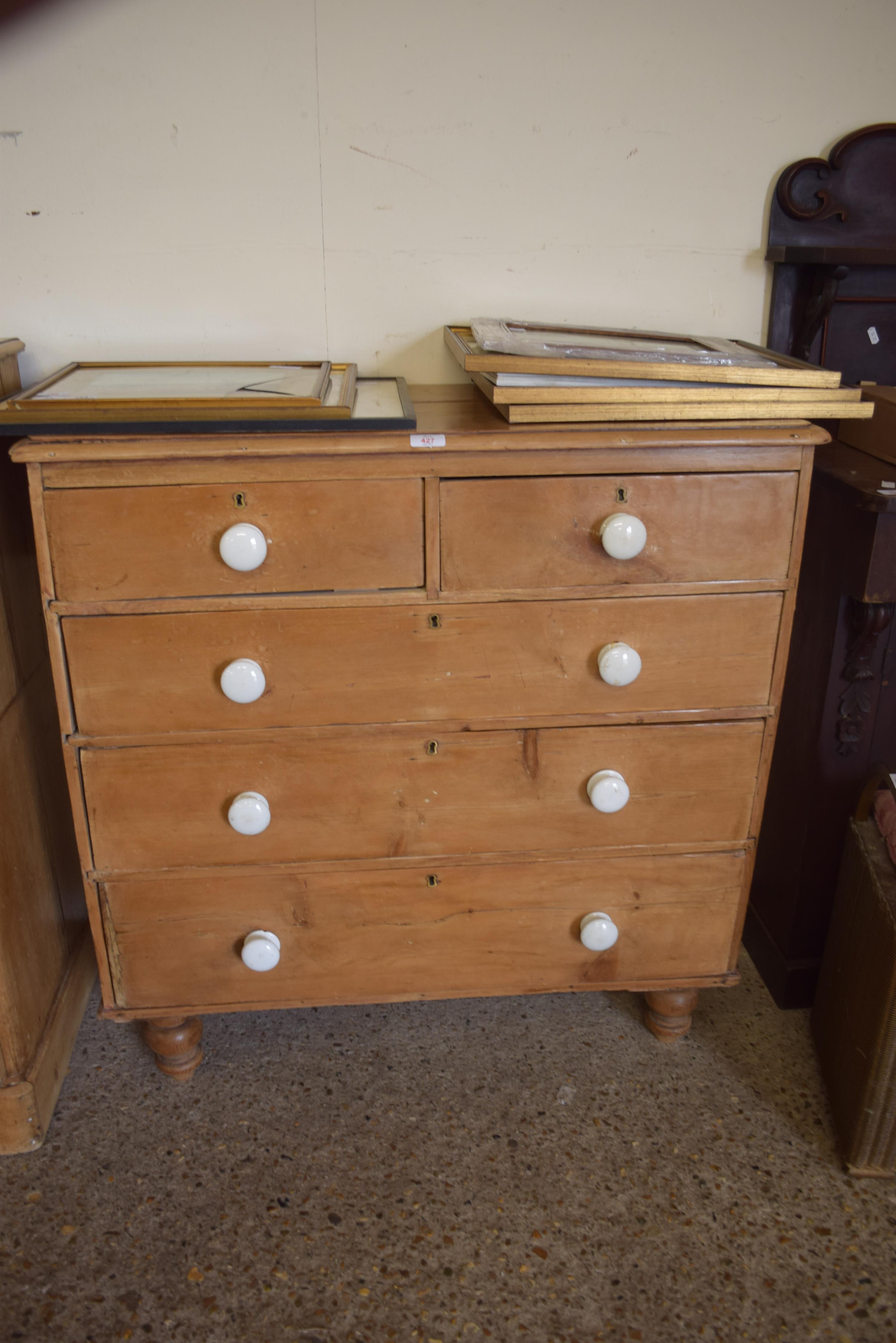 VICTORIAN PINE CHEST OF TWO SHORT OVER THREE LONG DRAWERS WITH WHITE CERAMIC HANDLES, 94CM WIDE