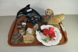TRAY OF MIXED ITEMS TO INCLUDE POOLE POTTERY DOLPHINS, TEVIOTDALE MODEL OWLS, LILLIPUT LANE COTTAGES