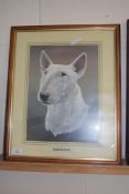 BRIAN HEATHFIELD, ENGLISH BULL TERRIER, COLOURED PRINT, FRAMED AND GLAZED, 55CM HIGH