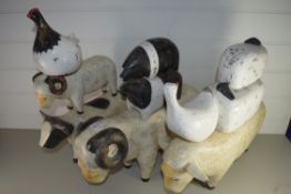 MIXED LOT OF MODERN PAINTED WOODEN FARM ANIMAL MODELS COMPRISING SHEEP, CATTLE, PIGS AND POULTRY
