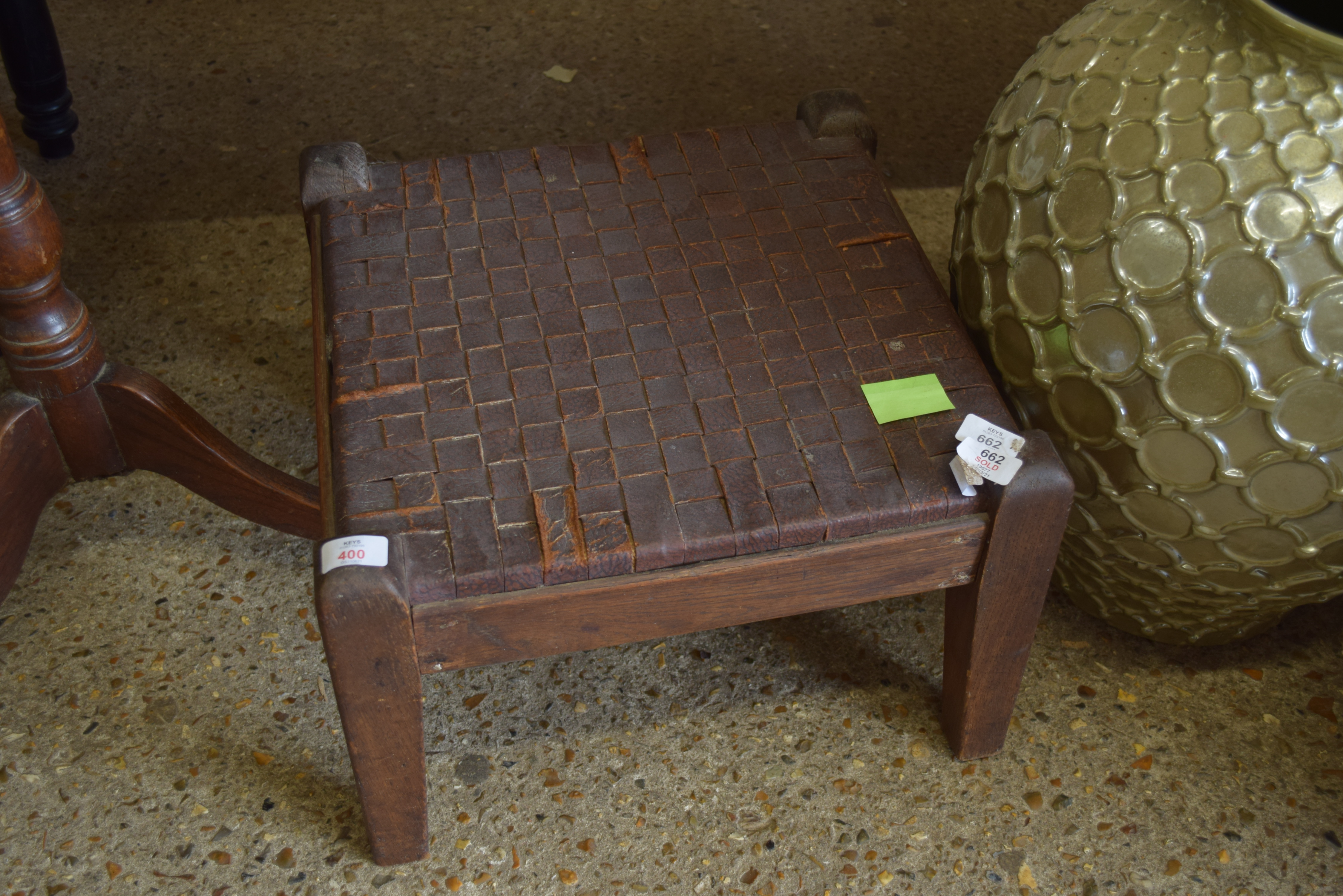 VINTAGE FOOT STOOL WITH WOVEN LEATHER TOP, 43CM WIDE