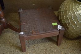 VINTAGE FOOT STOOL WITH WOVEN LEATHER TOP, 43CM WIDE