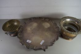 MIXED LOT COMPRISING A LARGE SILVER PLATED TRAY TOGETHER WITH SILVER PLATED BOTTLE STAND AND ROSE