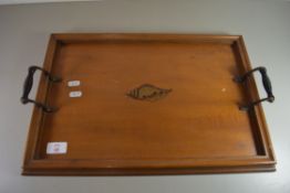 HARDWOOD DOUBLE HANDLED SERVING TRAY WITH SHELL DECORATION