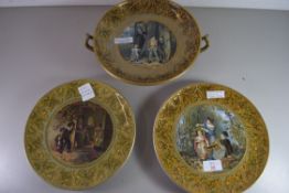 TWO PRATT WARE PLATES TOGETHER WITH A FURTHER PRATT WARE COMPORT