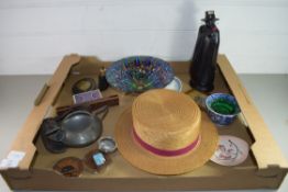 BOX OF MIXED ITEMS TO INCLUDE IRIDESCENT GLASS BOWL, A ROYAL DOULTON SANDEMAN DECANTER, PEWTER SUGAR