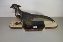 ART DECO BRONZED SPELTER MODEL OF A PHEASANT SET ON A POLISHED MARBLE BASE (A/F)