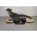 ART DECO BRONZED SPELTER MODEL OF A PHEASANT SET ON A POLISHED MARBLE BASE (A/F)