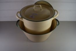 VINTAGE ENAMEL BREAD BIN AND A FURTHER ENAMEL DOUBLE HANDLED CAN