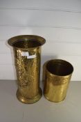 TWO BRASS CYLINDRICAL FORMED VASES OR STICK STANDS