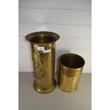 TWO BRASS CYLINDRICAL FORMED VASES OR STICK STANDS