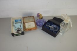 MIXED LOT COMPRISING A CASED TRAVEL CLOCK, CAITHNESS PERFUME ATOMISER PLUS FURTHER PERFUME BOTTLES