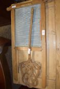 VINTAGE PINE FRAMED WASHBOARD AND VINTAGE CARPET BEATER (2)