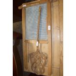 VINTAGE PINE FRAMED WASHBOARD AND VINTAGE CARPET BEATER (2)