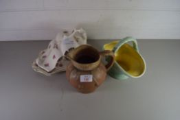 MIXED LOT COMPRISING A CROWN DUCAL BASKET, A ROSE DECORATED CHEESE DISH AND A STUDIO POTTERY JUG (