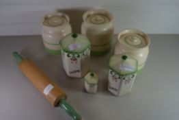 COLLECTION OF VINTAGE KITCHEN STORAGE JARS AND A ROLLING PIN