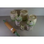 COLLECTION OF VINTAGE KITCHEN STORAGE JARS AND A ROLLING PIN