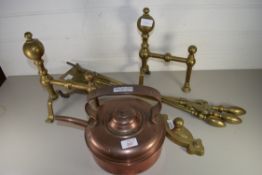 SET OF BRASS FIRE TOOLS AND FIRE DOGS AND A COPPER KETTLE